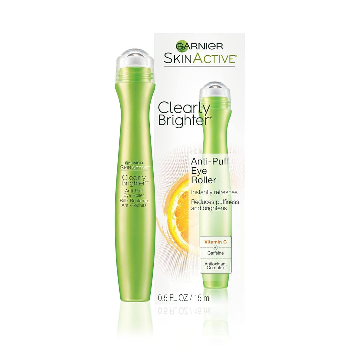 Garnier Clearly Brighter Anti-Puff Eye Roller front view with rollerball applicator