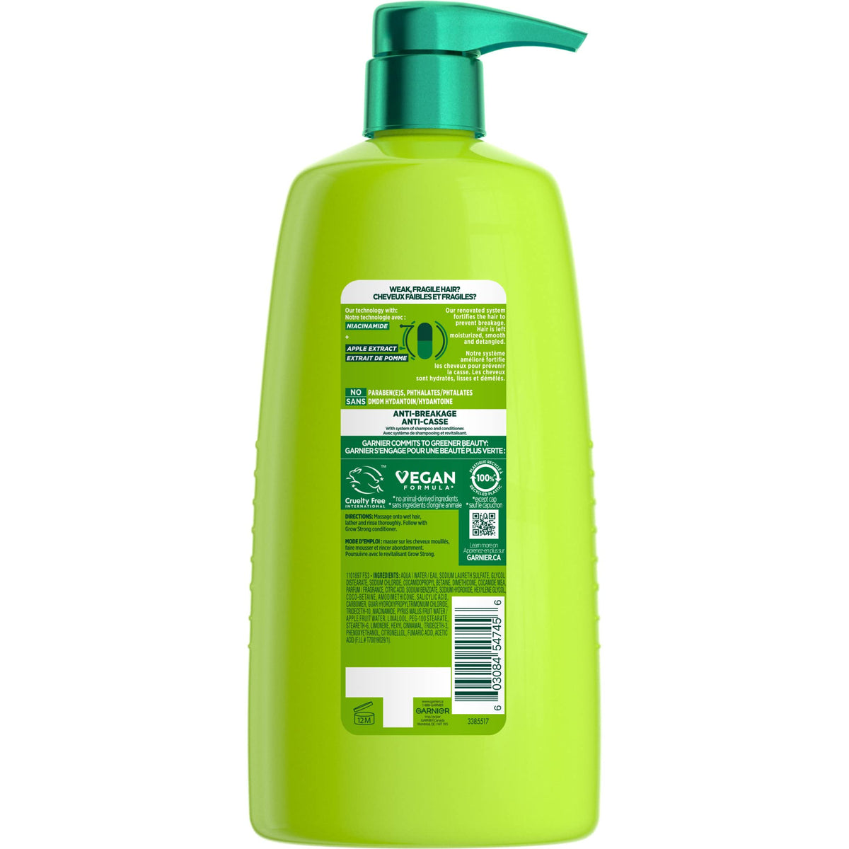 Garnier Fructis Grow Strong Shampoo bottle with apple extract ingredients