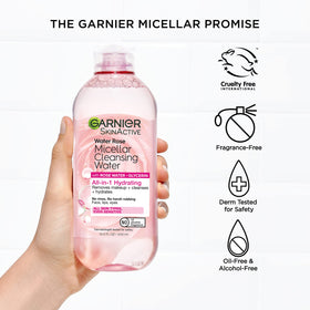 Garnier Micellar Water with Rose Water in lifestyle setting