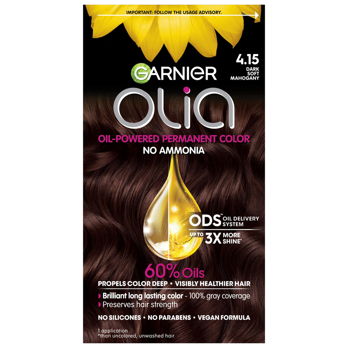 Garnier Olia Dark Soft Mahogany 4.15 hair dye packaging front view