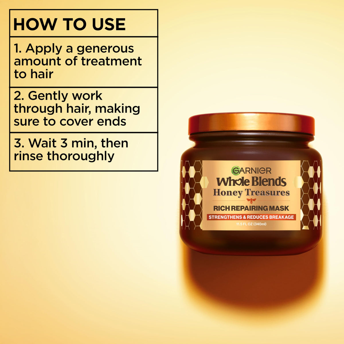 Garnier Whole Blends Honey Treasures set on a bathroom shelf