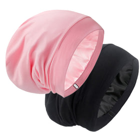 GB Selected Silk Satin Lined Bonnet Sleep Cap in black and pink front view