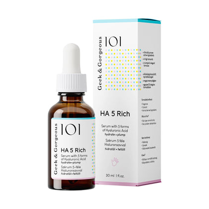 Geek & Gorgeous HA 5 Rich Serum front view, 30mL bottle