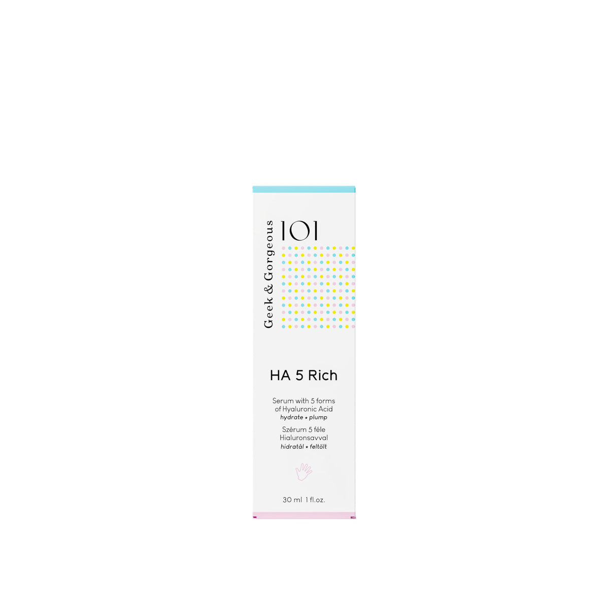 Geek & Gorgeous HA 5 Rich Serum with skincare products