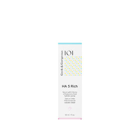 Geek & Gorgeous HA 5 Rich Serum with skincare products