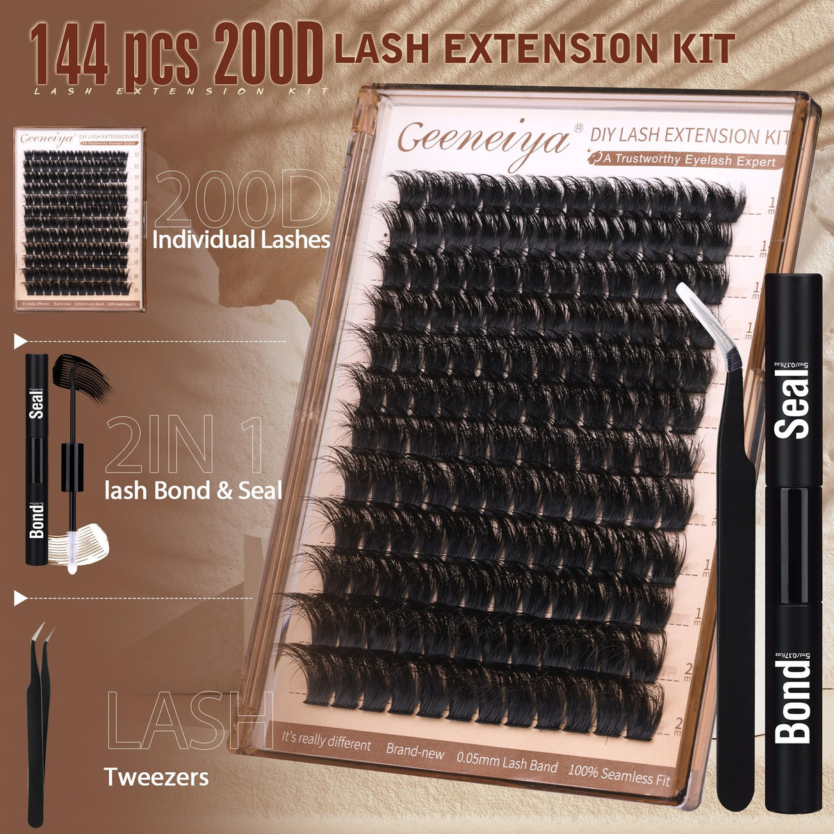 Geeneiya 200D Lash Clusters Kit with accessories on a makeup table
