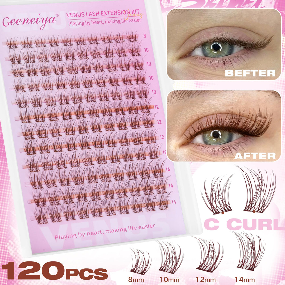 Geeneiya BROWN VENUS Lashes Kit with waterproof lash bond and seal