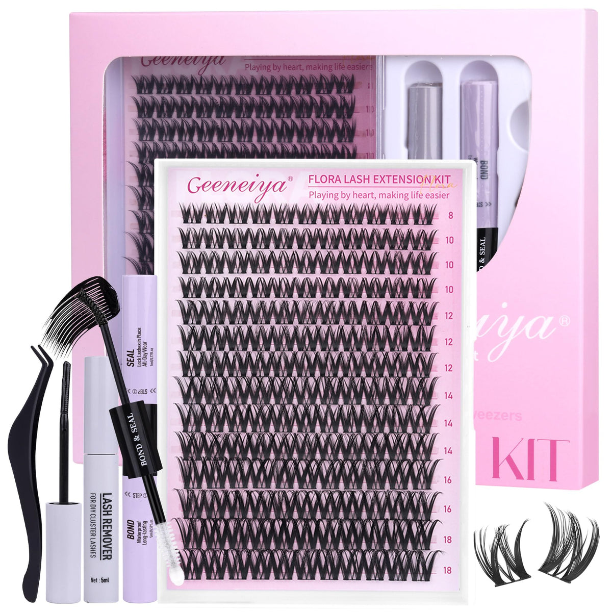 Geeneiya FLORA Lashes Clusters Kit front view with lash clusters and tools