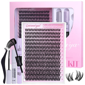Geeneiya FLORA Lashes Clusters Kit front view with lash clusters and tools