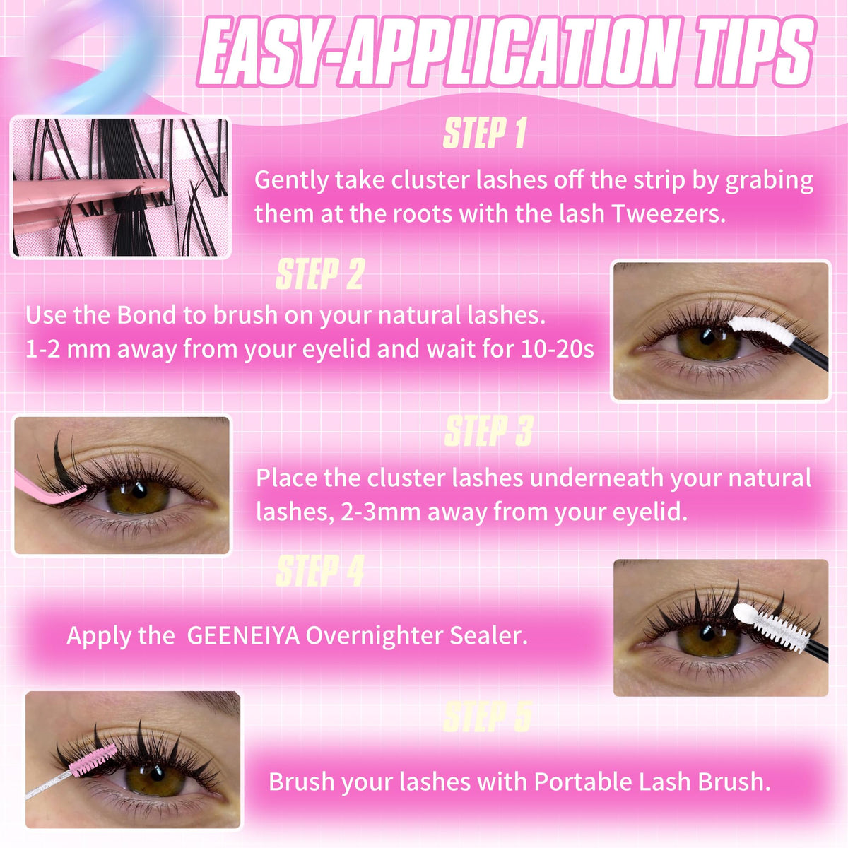 Geeneiya lash clusters kit contents displayed on a table
