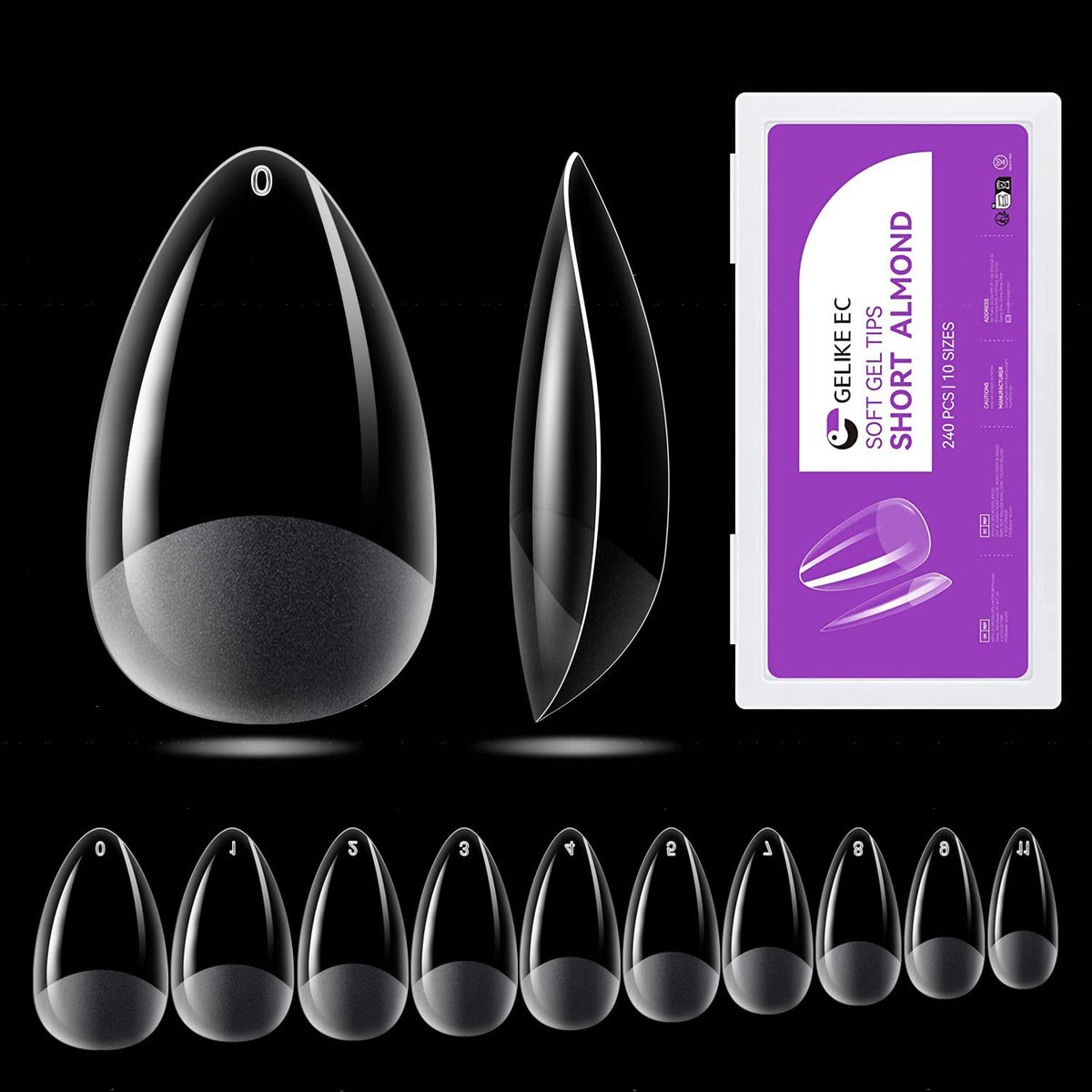 gelike ec soft gel nail tips 240Pcs variety of sizes front view