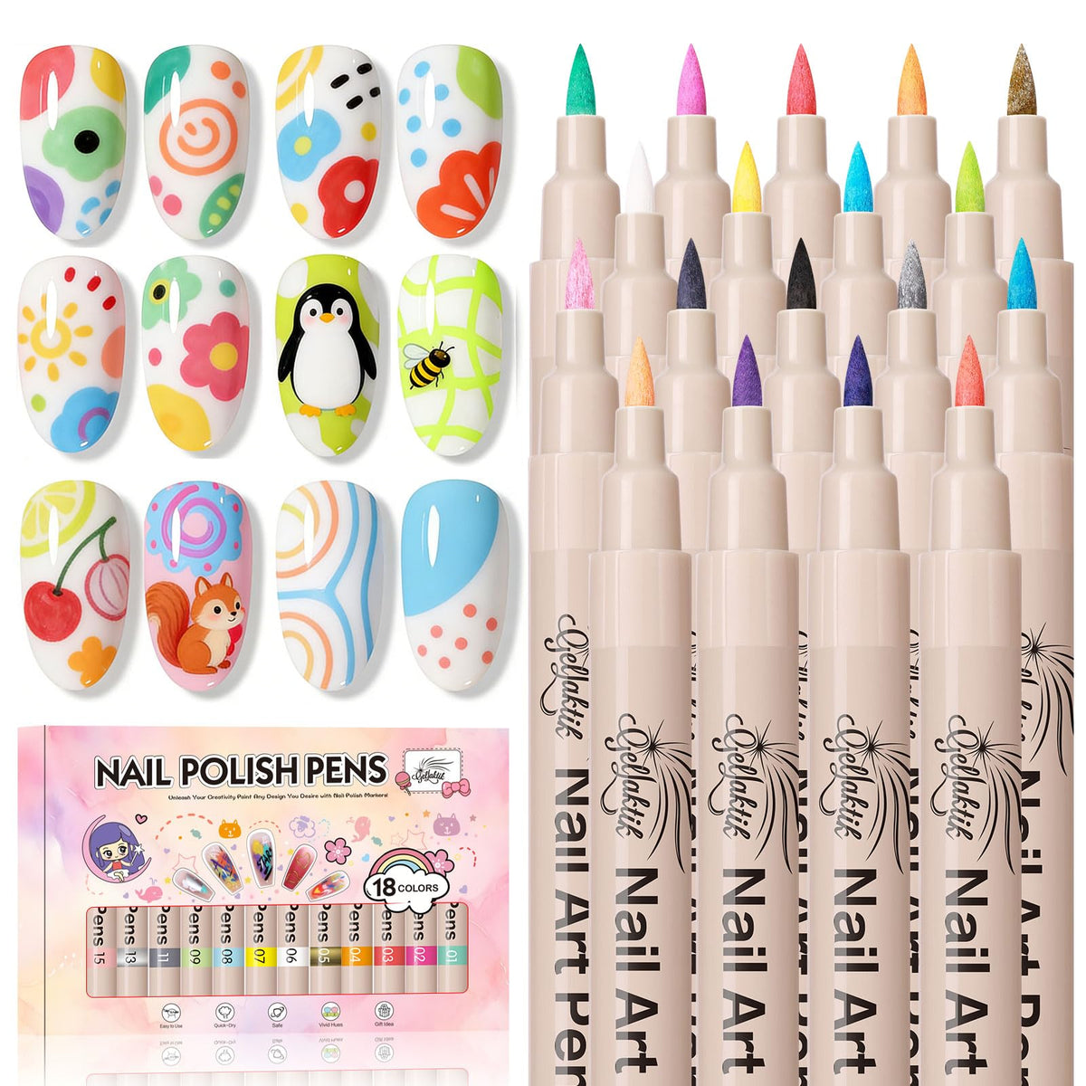 GELLAKTIK Nail Art Pens Set with 18 vibrant colours