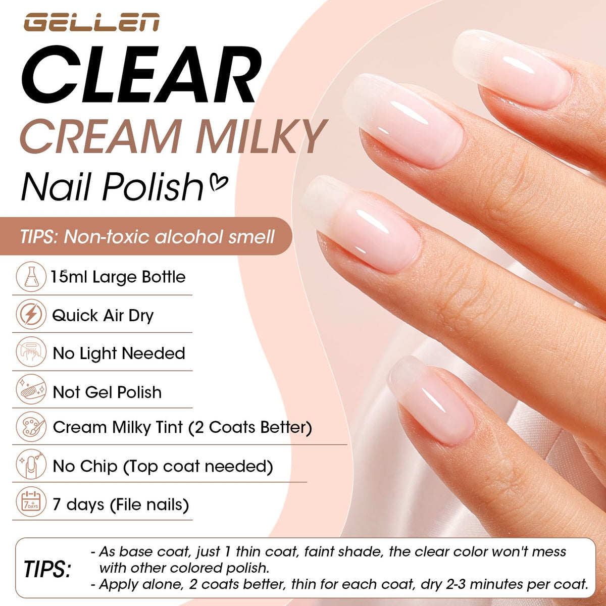 GELLEN 4 In 1 Clear Nail Polish Base Coat application brush