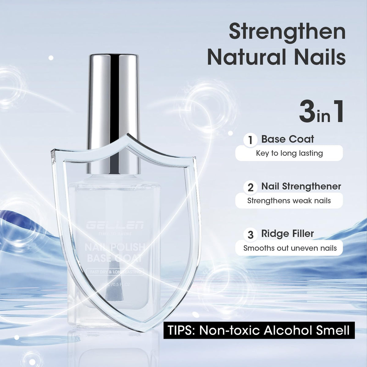 GELLEN Clear Base Coat Nail Polish on a nail art display