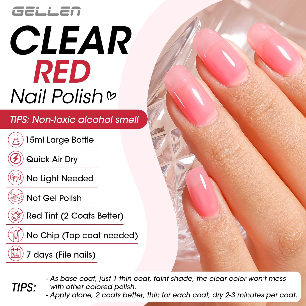 GELLEN Clear Nail Polish Base Coat applied on nails