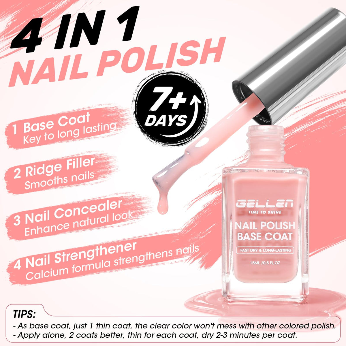 GELLEN Clear Nail Polish Base Coat bottle showing 4-in-1 formula