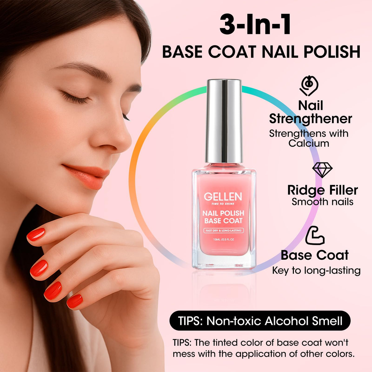 GELLEN Clear Nail Polish Base Coat Pink Tint applied on nails
