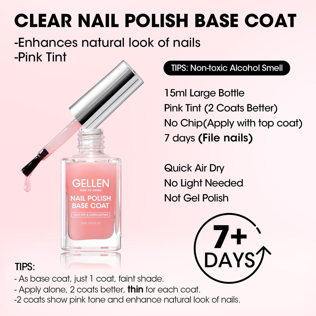 GELLEN Clear Nail Polish Base Coat Pink Tint bottle and brush