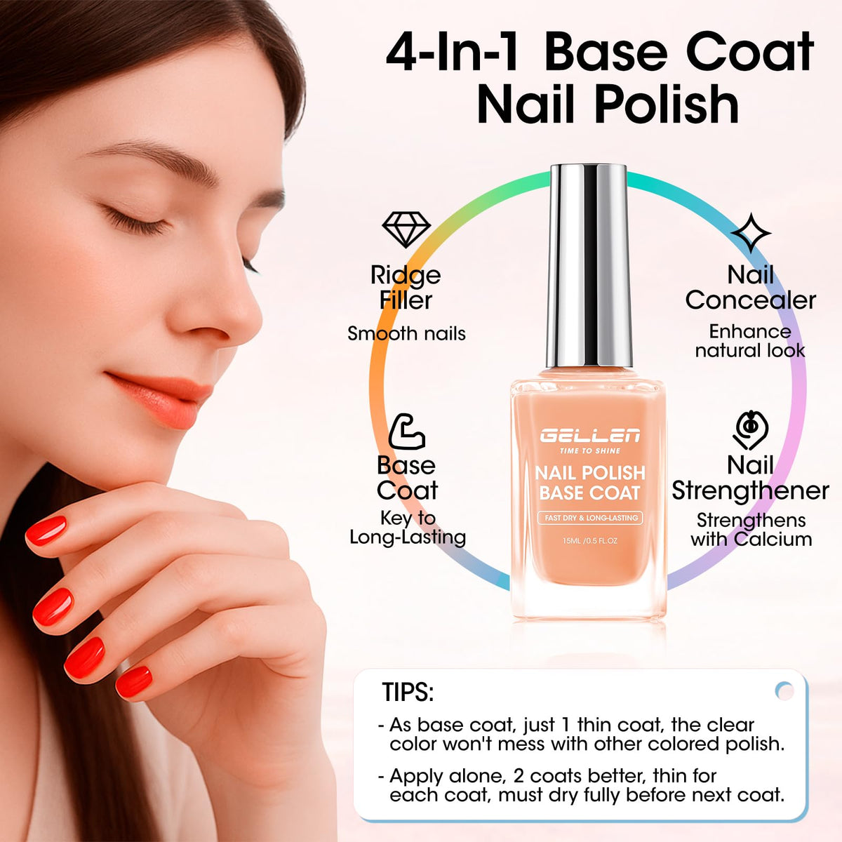 GELLEN Clear Nail Polish Base Coat Tinted Nude applied on nails