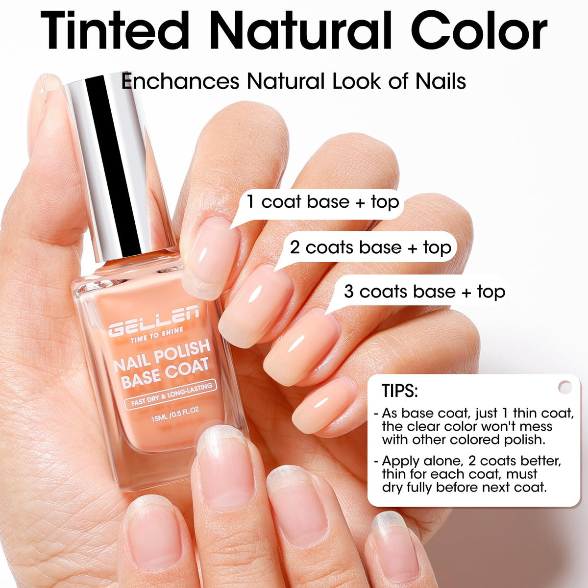 GELLEN Clear Nail Polish Base Coat Tinted Nude in use during manicure