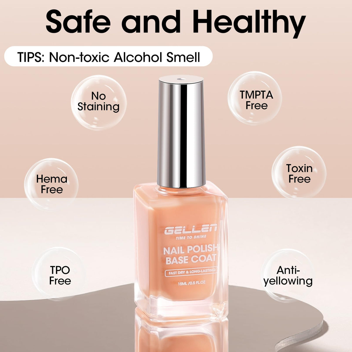 GELLEN Clear Nail Polish Base Coat Tinted Nude on a nail art display