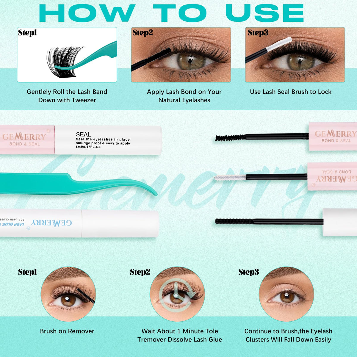 GEMERRY cluster lashes applied on model's eyes
