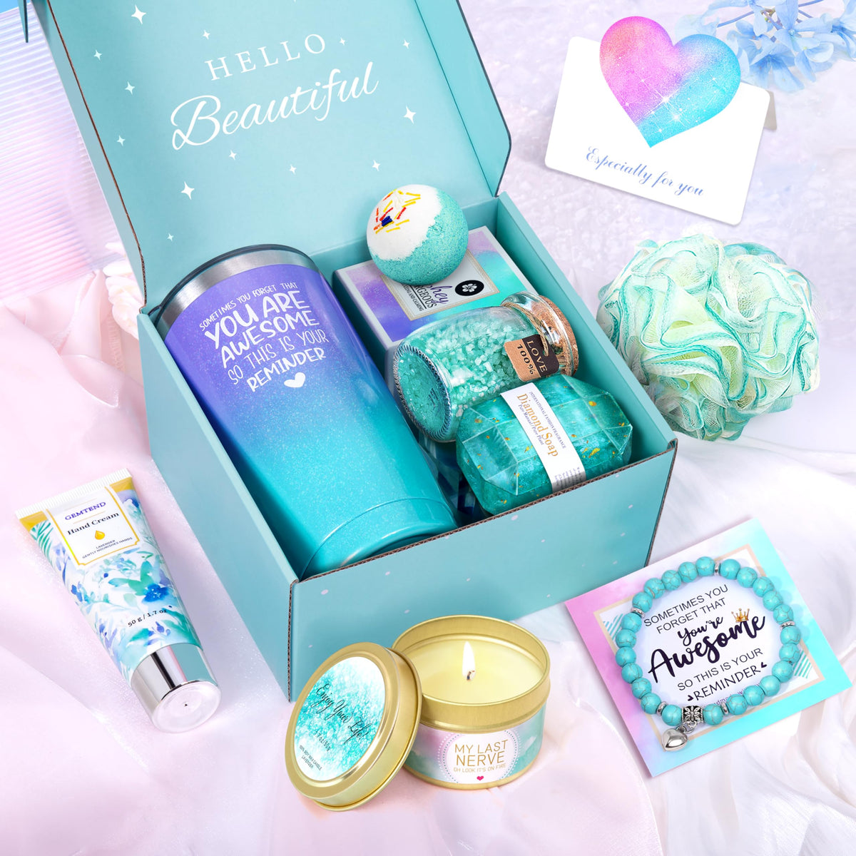 GEMTEND Spa Gift Basket contents including wine tumbler and bath salts