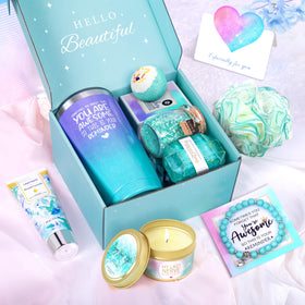GEMTEND Spa Gift Basket contents including wine tumbler and bath salts