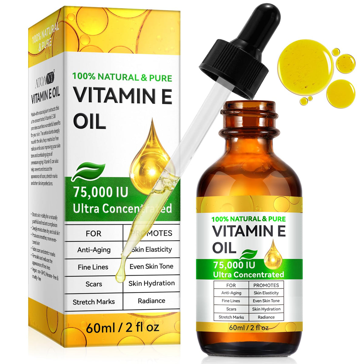 Generic Vitamin E Oil 75,000 IU front view in dark glass bottle
