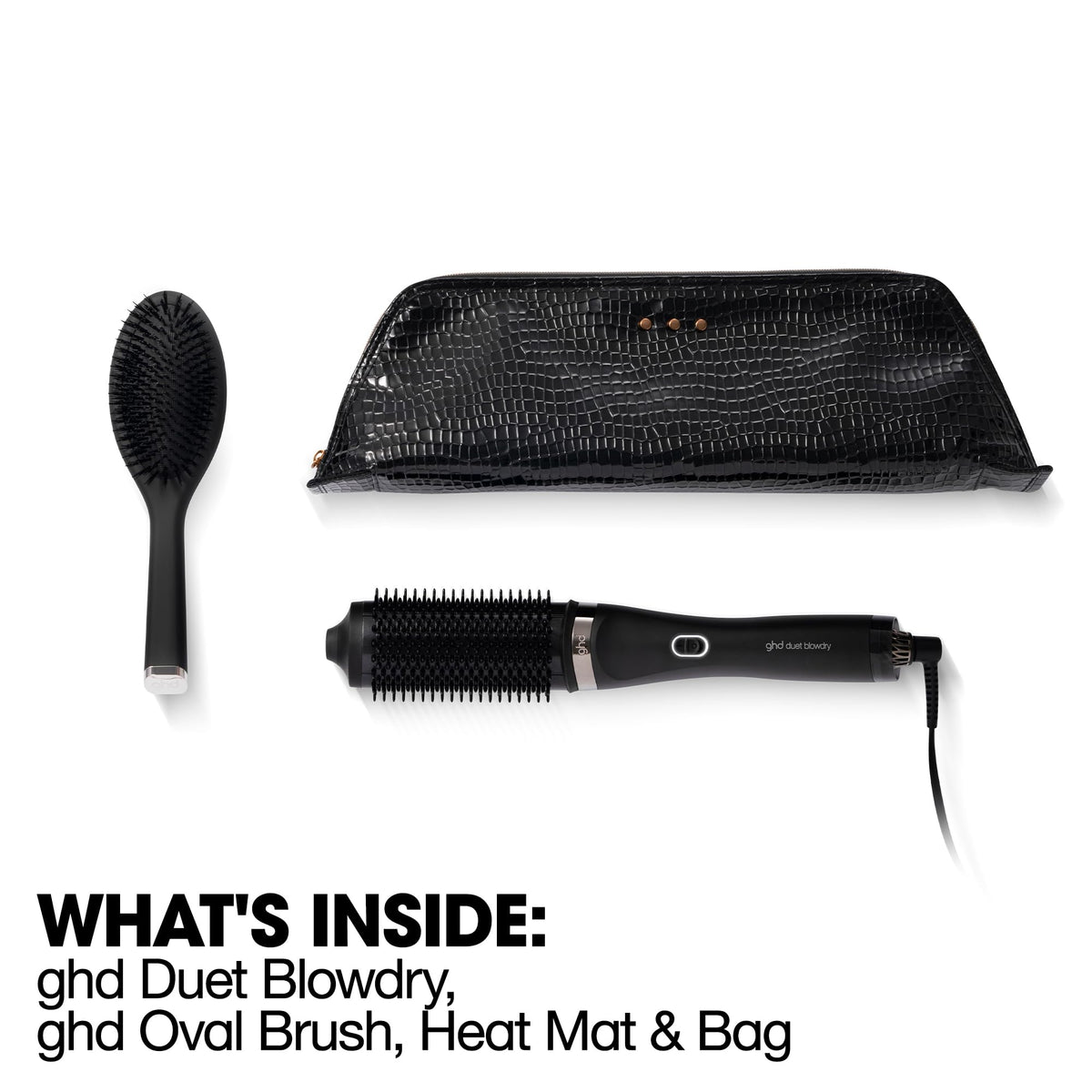 ghd Duet Blowdry 2-in-1 Hot Air Brush showing heat-resistant bag and mat