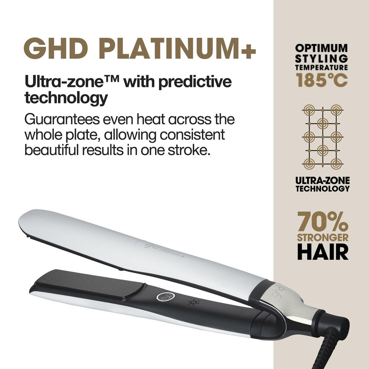 ghd Platinum+ flat iron side view displaying rounded barrel