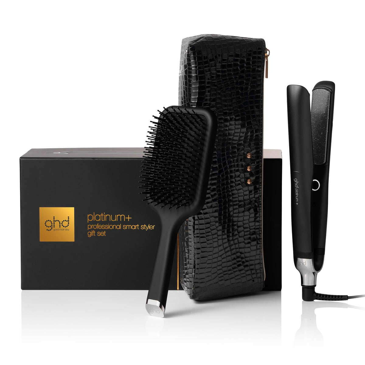 ghd Platinum+ Smart Flat Iron in black with heat-resistant bag