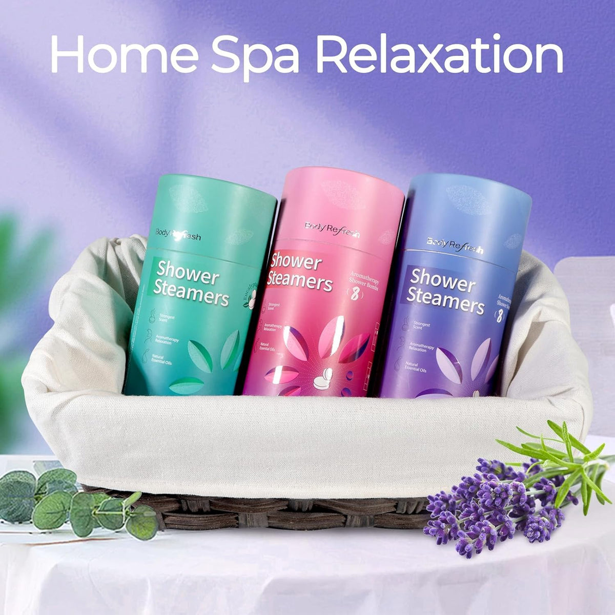Gift packaging of BodyRefresh Lavender Shower Steamers