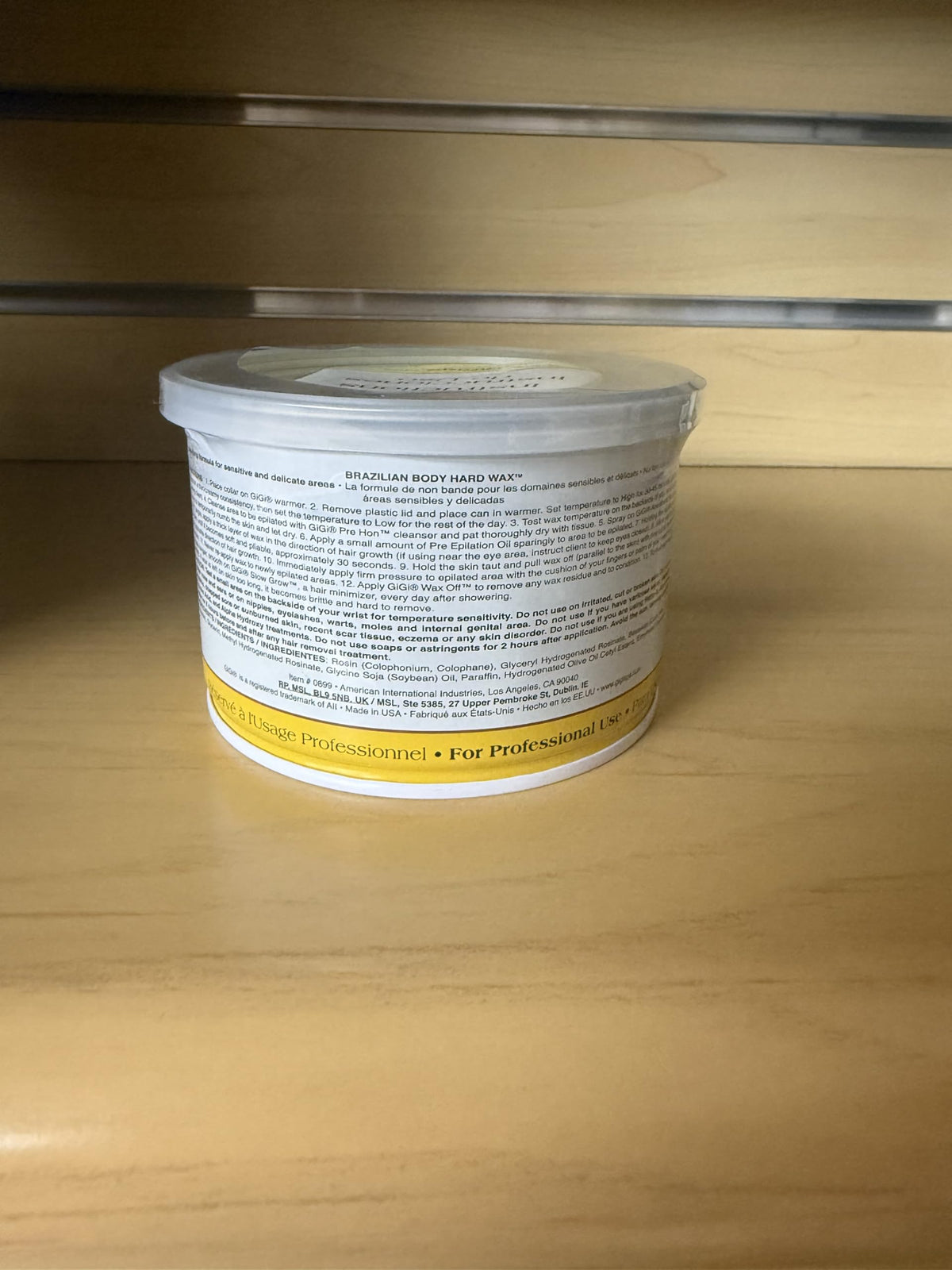 GIGI Brazilian Body Hard Wax on a small counter space