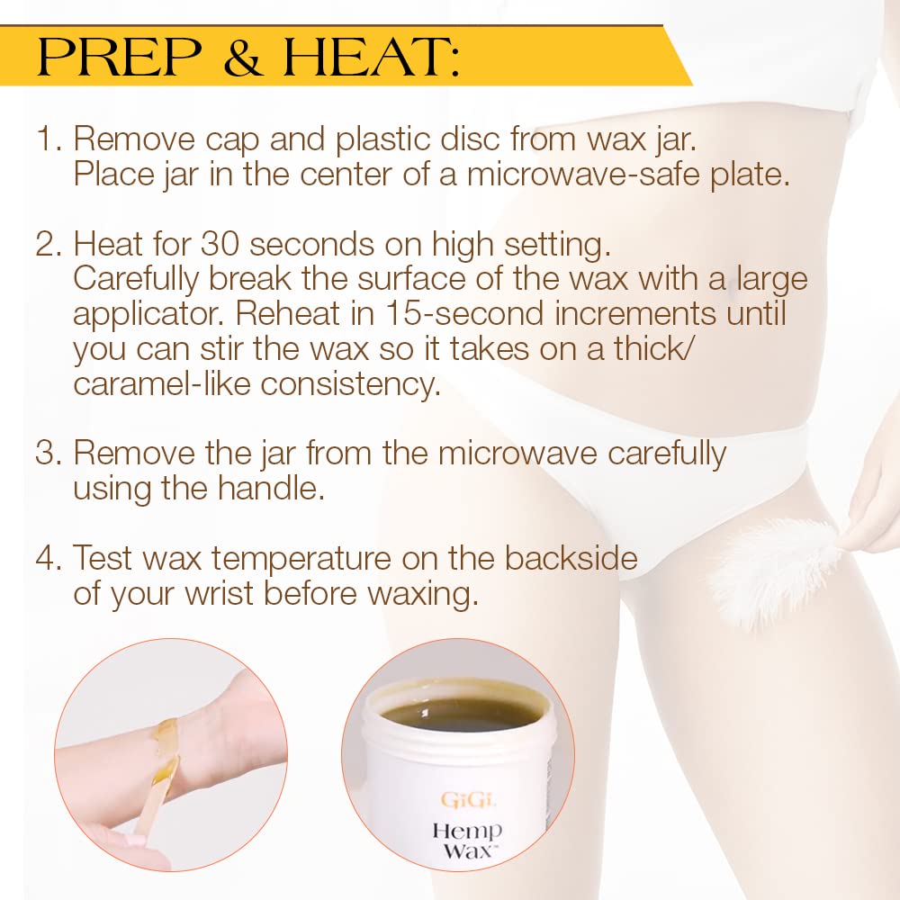 GIGI Hemp Wax Microwave 7.6 oz in use with epilating strips