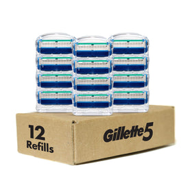 Gillette 5 razor blade refills on bathroom counter