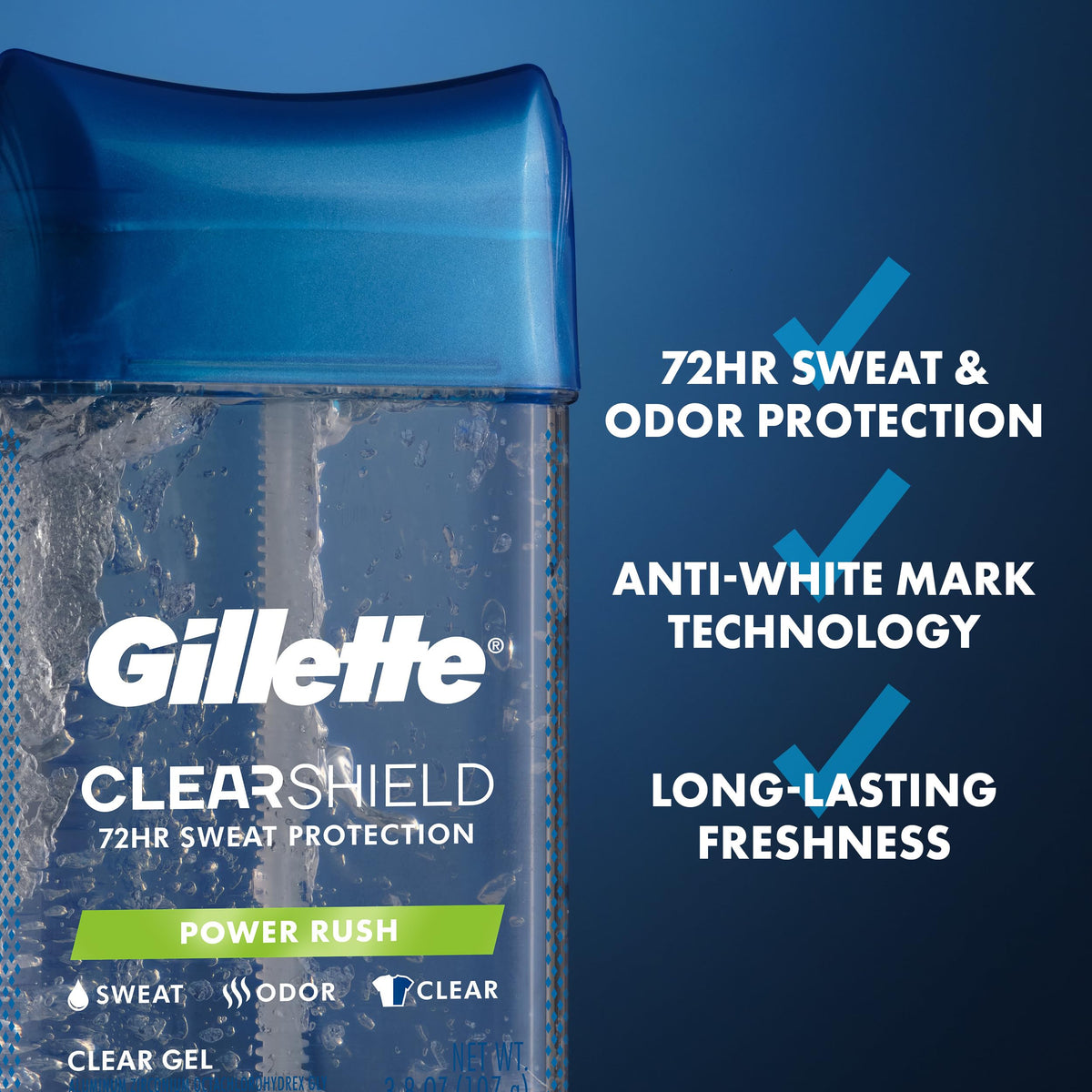 Gillette Antiperspirant Deodorant Power Rush clear gel application