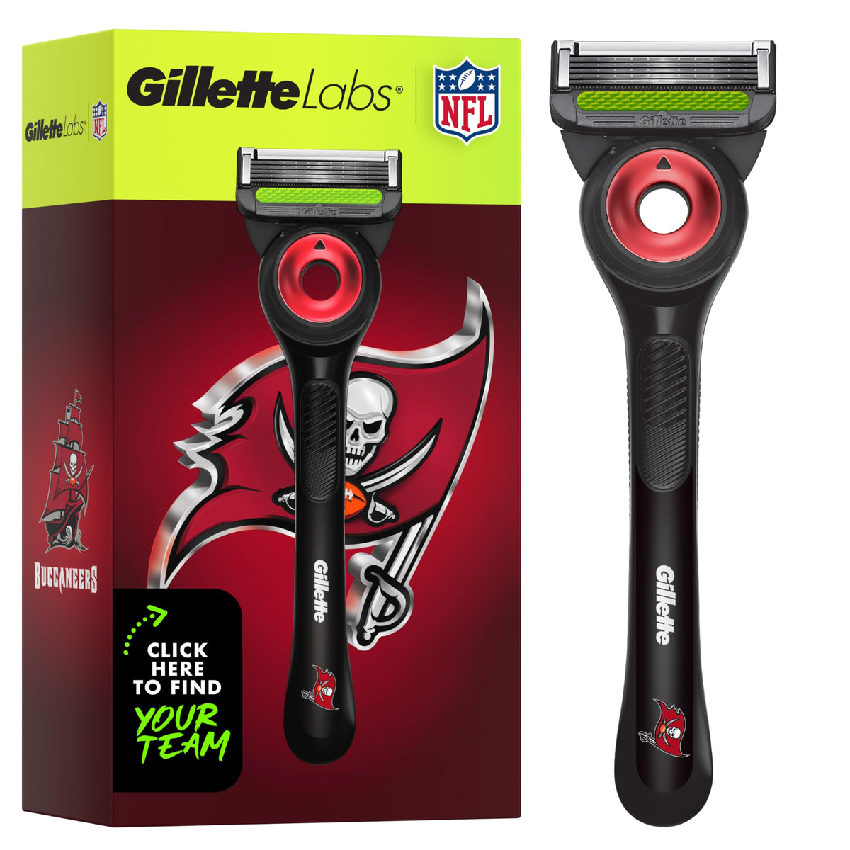 Gillette Buccaneers Licensed Razor front view with exfoliating bar