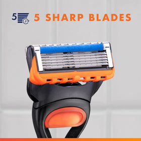 Gillette Fusion5 razor blade refills arranged on a bathroom counter