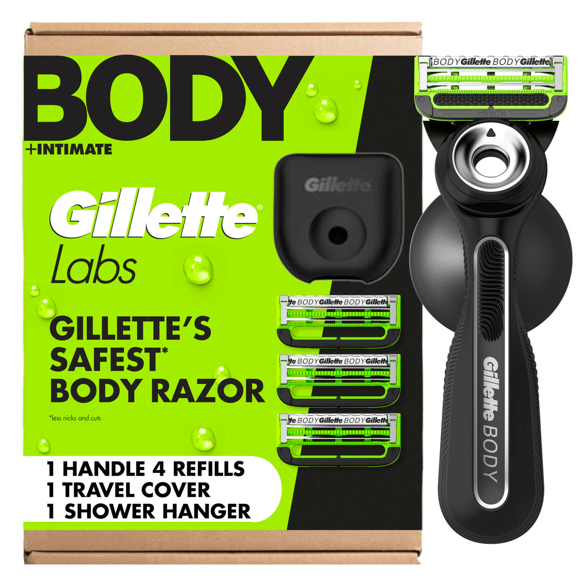 Gillette Labs Body + Intimate Razor front view with 4 blade refills