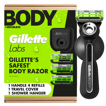 Gillette Labs Body + Intimate Razor front view with 4 blade refills