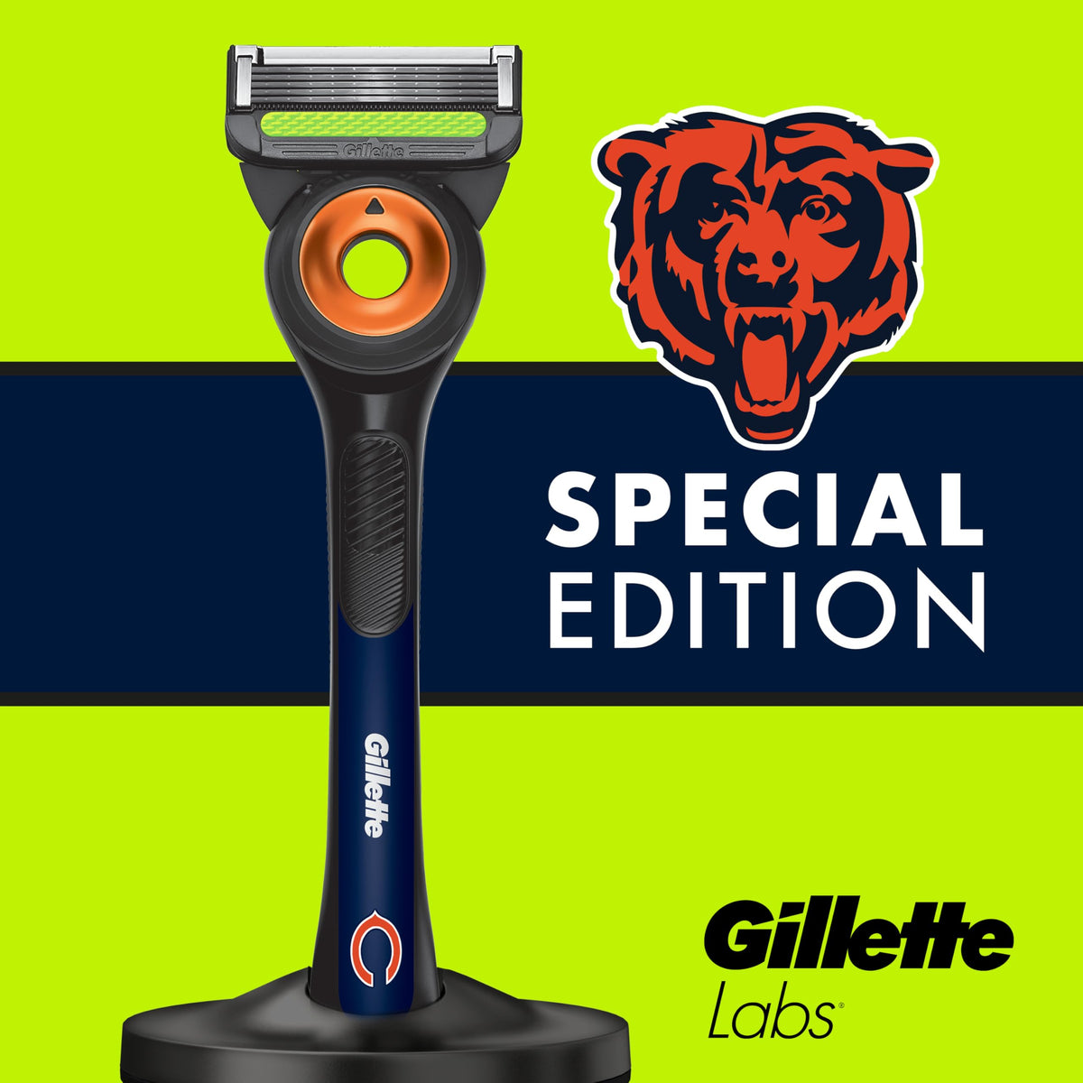 Gillette Labs NFL Bears Edition Razor on a bathroom counter