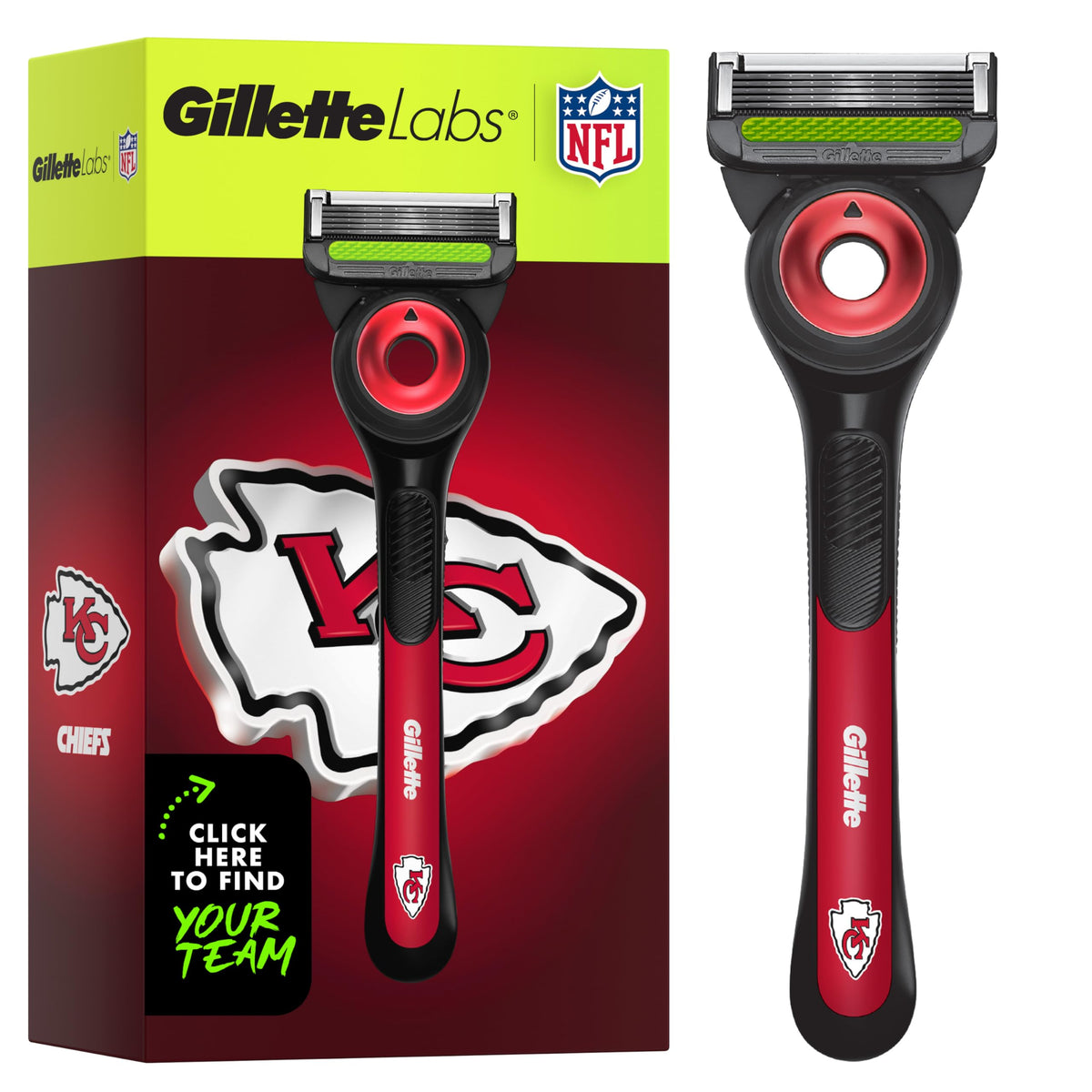 Gillette Labs NFL Chiefs Edition Shaving Razor front view with exfoliating bar
