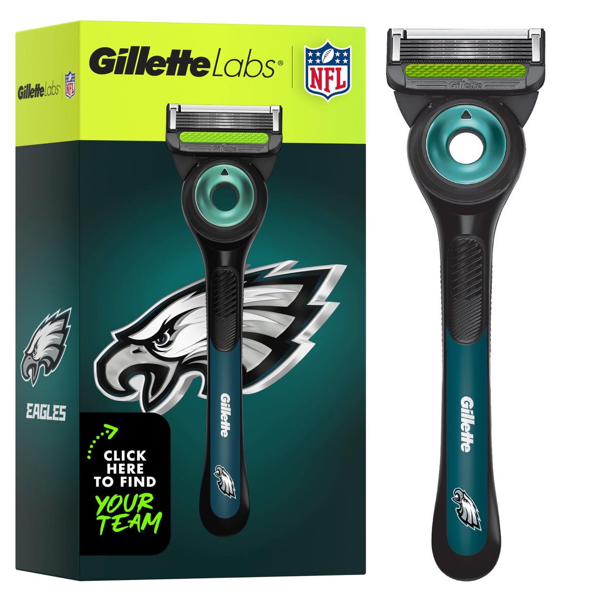Gillette Labs NFL Eagles Edition Shaving Razor front view with exfoliating bar