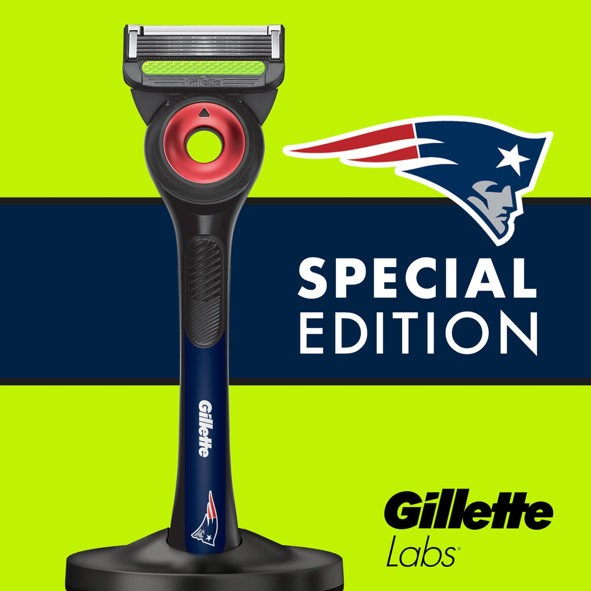 Gillette Labs NFL Patriots Edition Razor on bathroom counter