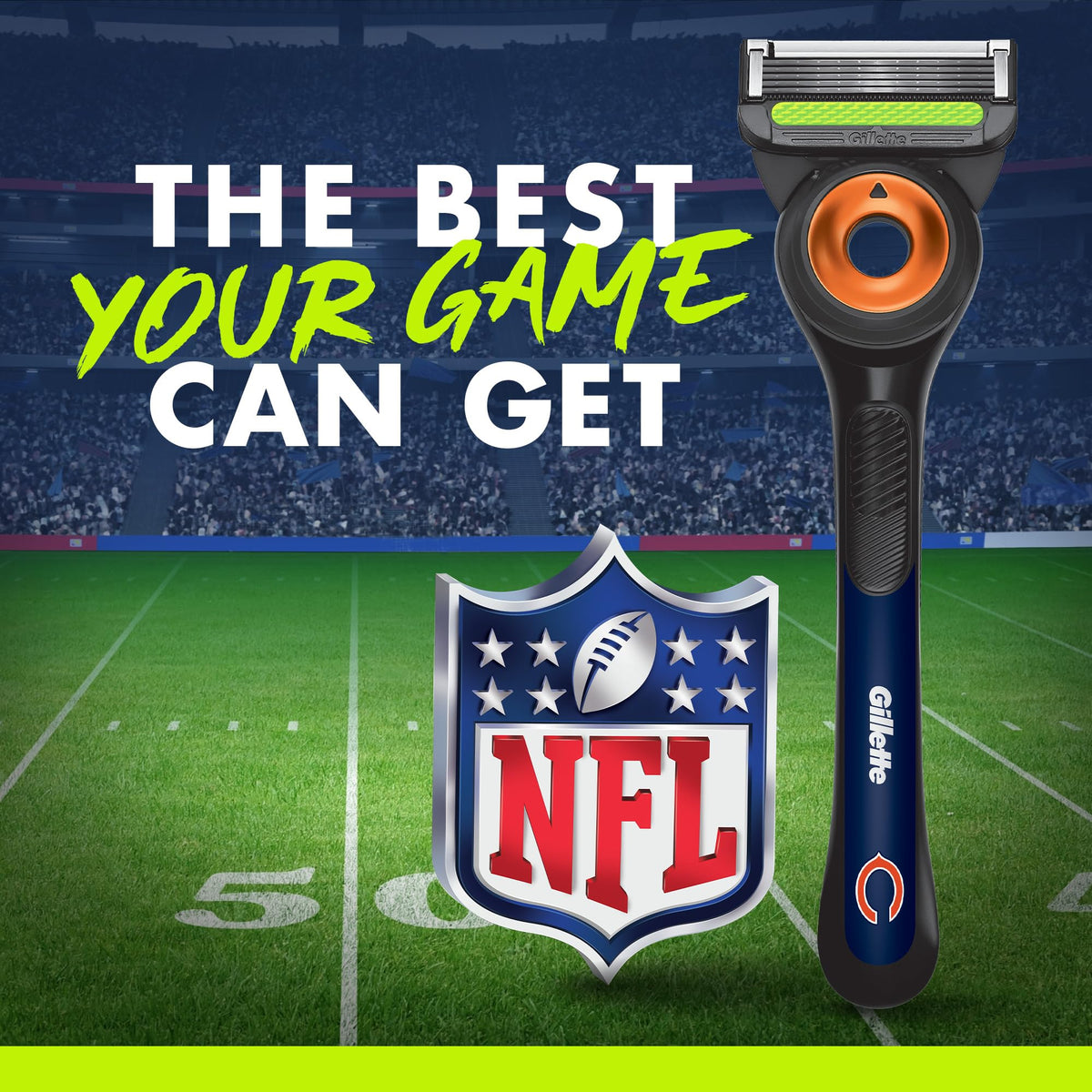 Gillette NFL Bears Edition razor on a bathroom counter