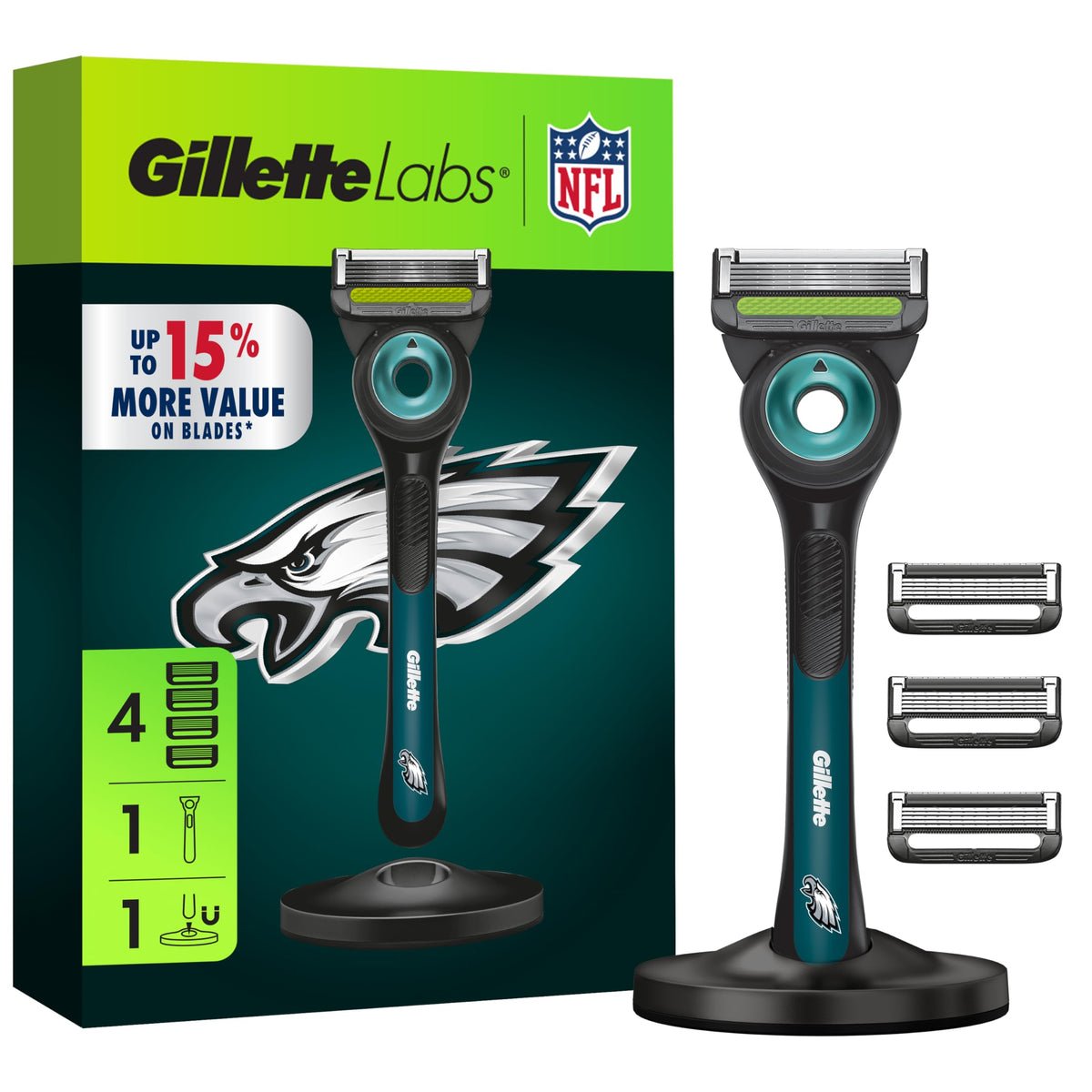 Gillette NFL Eagles Edition Shaving Razor front view with magnetic stand