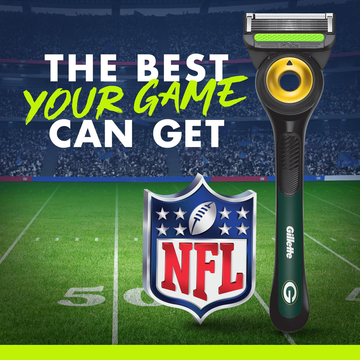 Gillette NFL Packers Edition Razor showing 2D FlexDisc technology