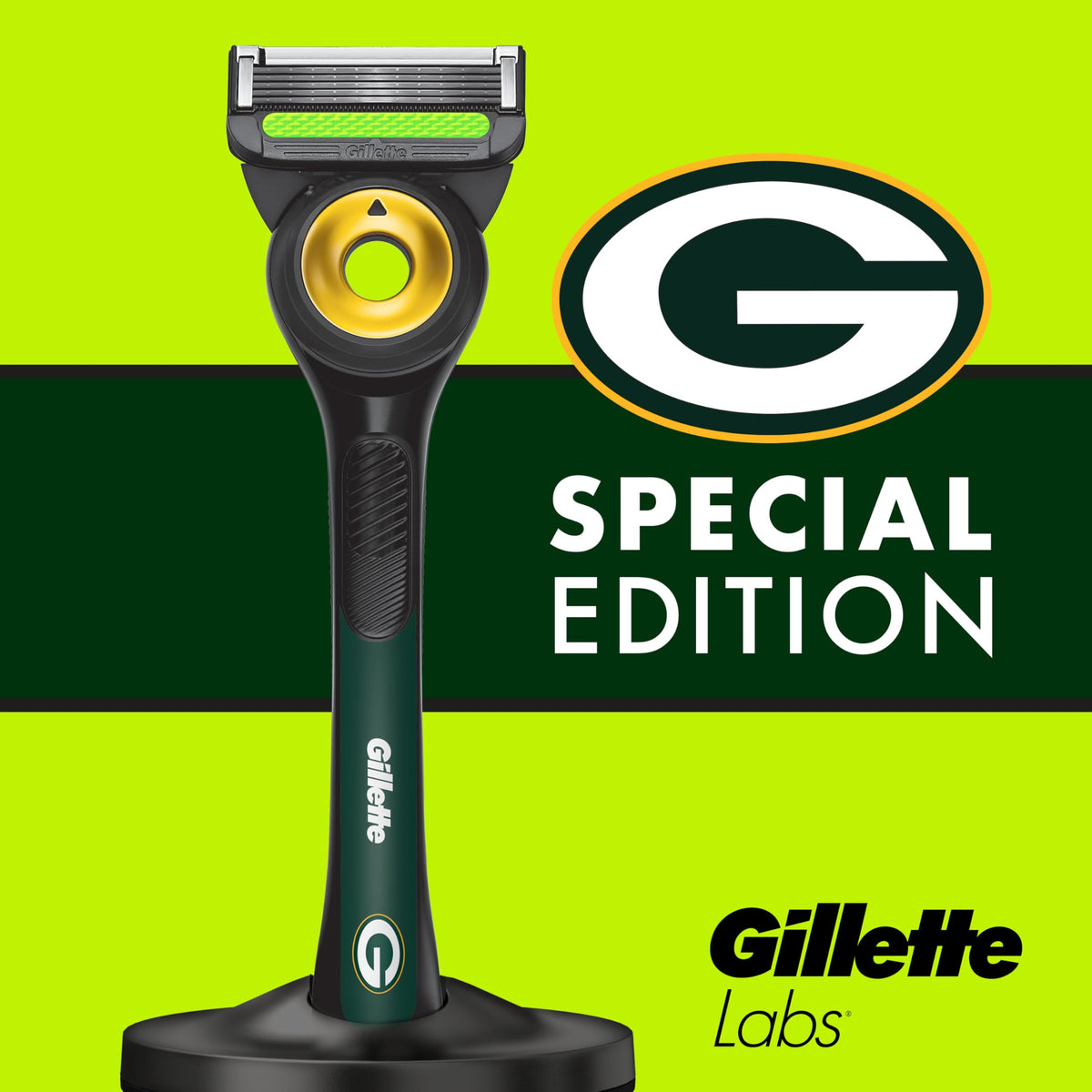 Gillette NFL Packers Edition razor showing flex disc technology