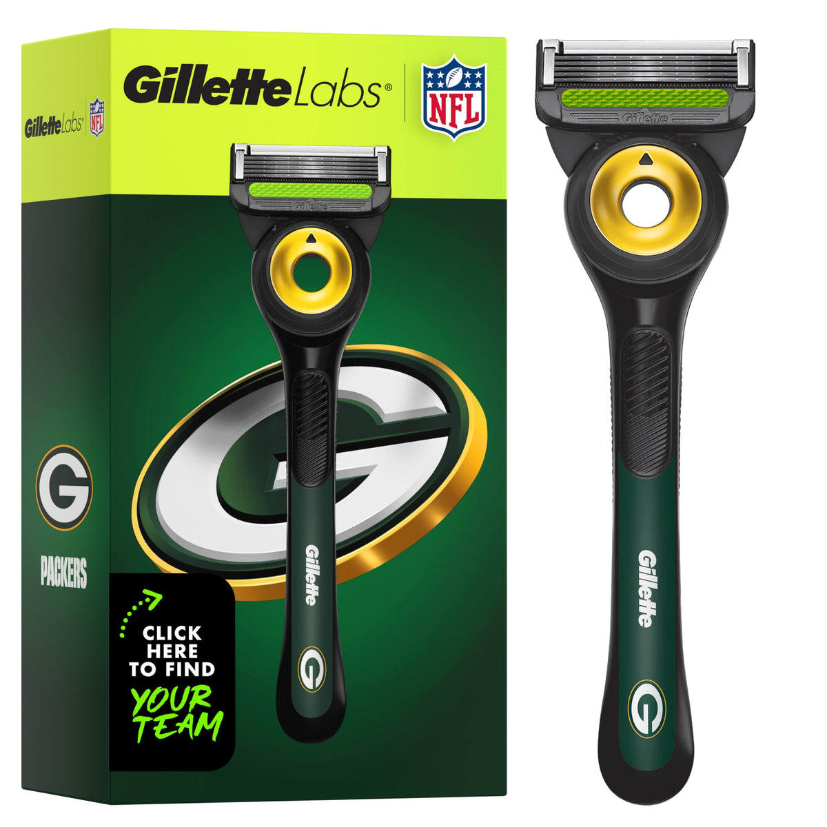 Gillette NFL Packers Edition Shaving Razor front view with exfoliating bar